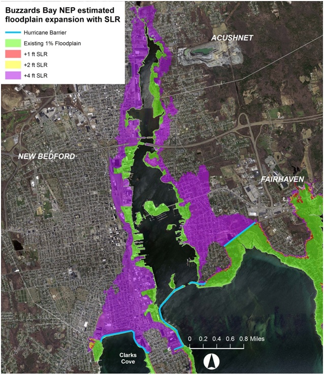 Expansion of the New Bedford Harbor floodplain with sea level rise.